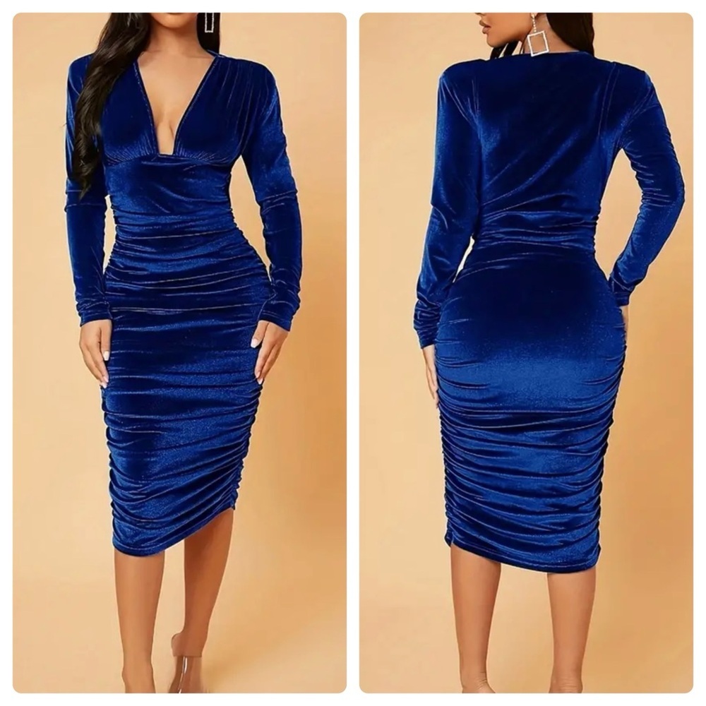 Blue Velvet V Neck Long Sleeve Bodycon Midi Dress